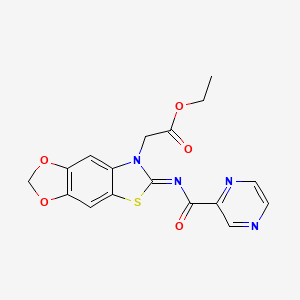 molecular formula C17H14N4O5S B2532533 ethyl 2-[6-(pyrazine-2-carbonylimino)-[1,3]dioxolo[4,5-f][1,3]benzothiazol-7-yl]acetate CAS No. 1173517-58-2