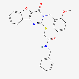 molecular formula C27H23N3O4S B2532597 N-benzyl-2-({5-[(2-methoxyphenyl)methyl]-6-oxo-8-oxa-3,5-diazatricyclo[7.4.0.0^{2,7}]trideca-1(9),2(7),3,10,12-pentaen-4-yl}sulfanyl)acetamide CAS No. 866871-31-0