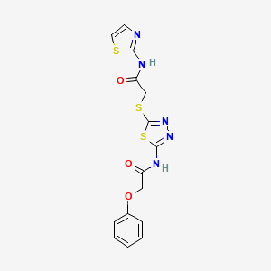 molecular formula C15H13N5O3S3 B2532829 N-(5-((2-oxo-2-(thiazol-2-ylamino)ethyl)thio)-1,3,4-thiadiazol-2-yl)-2-phenoxyacetamide CAS No. 389072-45-1