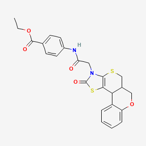 molecular formula C24H22N2O5S2 B2533514 ethyl 4-[[2-(15-oxo-8-oxa-12,16-dithia-14-azatetracyclo[8.7.0.02,7.013,17]heptadeca-2,4,6,13(17)-tetraen-14-yl)acetyl]amino]benzoate CAS No. 868152-85-6