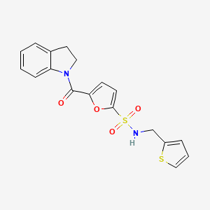 molecular formula C18H16N2O4S2 B2533688 5-(indoline-1-carbonyl)-N-(thiophen-2-ylmethyl)furan-2-sulfonamide CAS No. 1170266-11-1