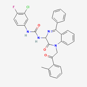 molecular formula C31H24ClFN4O3 B2533716 N-(2,5-diaza-2-(2-(2-methylphenyl)-2-oxoethyl)-3-oxo-6-phenylbicyclo[5.4.0]undeca-1(7),5,8,10-tetraen-4-yl)((3-chloro-4-fluorophenyl)amino)formamide CAS No. 1796911-76-6