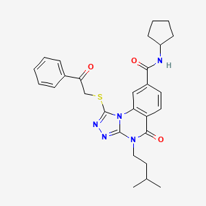 molecular formula C28H31N5O3S B2533827 N-cyclopentyl-4-(3-methylbutyl)-5-oxo-1-[(2-oxo-2-phenylethyl)sulfanyl]-4H,5H-[1,2,4]triazolo[4,3-a]quinazoline-8-carboxamide CAS No. 1111237-63-8