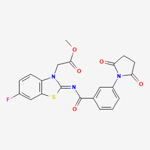 molecular formula C21H16FN3O5S B2534077 methyl 2-[(2Z)-2-{[3-(2,5-dioxopyrrolidin-1-yl)benzoyl]imino}-6-fluoro-2,3-dihydro-1,3-benzothiazol-3-yl]acetate CAS No. 865198-19-2
