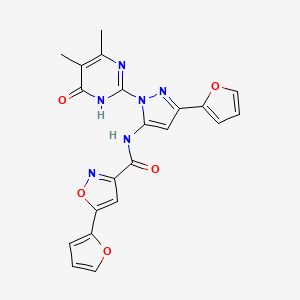 molecular formula C21H16N6O5 B2534127 N-(1-(4,5-二甲基-6-氧代-1,6-二氢嘧啶-2-基)-3-(呋喃-2-基)-1H-吡唑-5-基)-5-(呋喃-2-基)异恶唑-3-甲酰胺 CAS No. 1207027-71-1