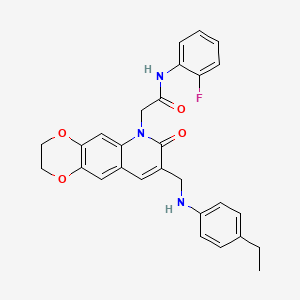 molecular formula C28H26FN3O4 B2534134 2-(8-(((4-ethylphenyl)amino)methyl)-7-oxo-2,3-dihydro-[1,4]dioxino[2,3-g]quinolin-6(7H)-yl)-N-(2-fluorophenyl)acetamide CAS No. 894557-56-3