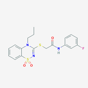 molecular formula C18H18FN3O3S2 B2534395 2-((1,1-dioxido-4-propyl-4H-benzo[e][1,2,4]thiadiazin-3-yl)thio)-N-(3-fluorophenyl)acetamide CAS No. 933025-57-1