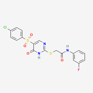molecular formula C18H13ClFN3O4S2 B2534398 2-((5-((4-chlorophenyl)sulfonyl)-6-oxo-1,6-dihydropyrimidin-2-yl)thio)-N-(3-fluorophenyl)acetamide CAS No. 904577-94-2