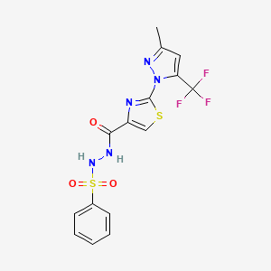 molecular formula C15H12F3N5O3S2 B2534620 N'-({2-[3-methyl-5-(trifluoromethyl)-1H-pyrazol-1-yl]-1,3-thiazol-4-yl}carbonyl)benzenesulfonohydrazide CAS No. 955962-79-5
