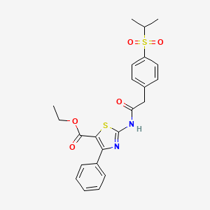 molecular formula C23H24N2O5S2 B2534691 Ethyl 2-(2-(4-(isopropylsulfonyl)phenyl)acetamido)-4-phenylthiazole-5-carboxylate CAS No. 955798-34-2