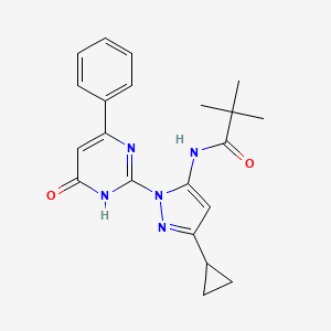 molecular formula C21H23N5O2 B2534696 N-(3-cyclopropyl-1-(6-oxo-4-phenyl-1,6-dihydropyrimidin-2-yl)-1H-pyrazol-5-yl)pivalamide CAS No. 1207019-49-5