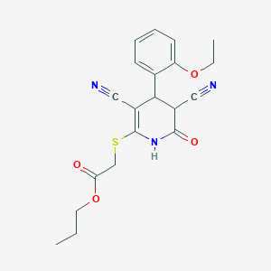 molecular formula C20H21N3O4S B2534749 propyl 2-{[3,5-dicyano-4-(2-ethoxyphenyl)-6-oxo-1,4,5,6-tetrahydropyridin-2-yl]sulfanyl}acetate CAS No. 361166-82-7