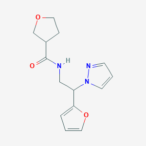 molecular formula C14H17N3O3 B2535301 N-[2-(furan-2-yl)-2-(1H-pyrazol-1-yl)ethyl]oxolane-3-carboxamide CAS No. 2034567-14-9