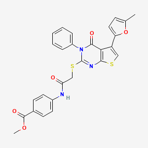 molecular formula C27H21N3O5S2 B2536158 methyl 4-(2-{[5-(5-methylfuran-2-yl)-4-oxo-3-phenyl-3H,4H-thieno[2,3-d]pyrimidin-2-yl]sulfanyl}acetamido)benzoate CAS No. 379236-37-0