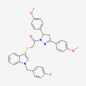 B2536170 1-[3,5-Bis(4-methoxyphenyl)-3,4-dihydropyrazol-2-yl]-2-[1-[(4-fluorophenyl)methyl]indol-3-yl]sulfanylethanone CAS No. 681275-07-0