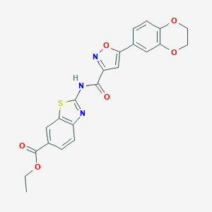 molecular formula C22H17N3O6S B253642 ETHYL 2-[5-(2,3-DIHYDRO-1,4-BENZODIOXIN-6-YL)-1,2-OXAZOLE-3-AMIDO]-1,3-BENZOTHIAZOLE-6-CARBOXYLATE 