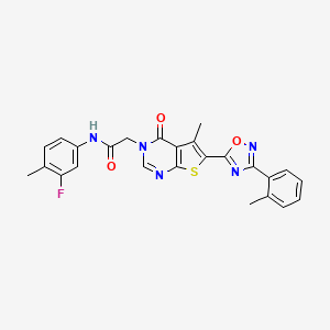 molecular formula C25H20FN5O3S B2536570 N-(3-fluoro-4-methylphenyl)-2-{5-methyl-6-[3-(2-methylphenyl)-1,2,4-oxadiazol-5-yl]-4-oxo-3H,4H-thieno[2,3-d]pyrimidin-3-yl}acetamide CAS No. 1242887-41-7