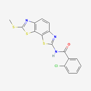 molecular formula C16H10ClN3OS3 B2536657 2-chloro-N-[11-(methylsulfanyl)-3,12-dithia-5,10-diazatricyclo[7.3.0.0^{2,6}]dodeca-1(9),2(6),4,7,10-pentaen-4-yl]benzamide 
