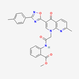molecular formula C28H23N5O5 B2536667 methyl 2-(2-{7-methyl-3-[3-(4-methylphenyl)-1,2,4-oxadiazol-5-yl]-4-oxo-1,4-dihydro-1,8-naphthyridin-1-yl}acetamido)benzoate CAS No. 1029784-27-7