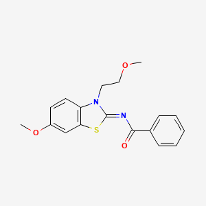molecular formula C18H18N2O3S B2536669 N-[(2Z)-6-methoxy-3-(2-methoxyethyl)-2,3-dihydro-1,3-benzothiazol-2-ylidene]benzamide CAS No. 865161-21-3