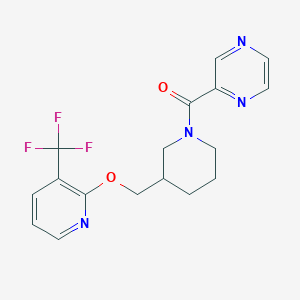 molecular formula C17H17F3N4O2 B2536685 2-[3-({[3-(Trifluoromethyl)pyridin-2-yl]oxy}methyl)piperidine-1-carbonyl]pyrazine CAS No. 2380040-52-6