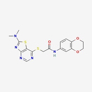 molecular formula C17H17N5O3S2 B2536690 N-(2,3-DIHYDRO-1,4-BENZODIOXIN-6-YL)-2-{[2-(DIMETHYLAMINO)-[1,3]THIAZOLO[4,5-D]PYRIMIDIN-7-YL]SULFANYL}ACETAMIDE CAS No. 1185010-73-4