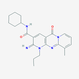 molecular formula C22H27N5O2 B2537192 N-cyclohexyl-6-imino-11-methyl-2-oxo-7-propyl-1,7,9-triazatricyclo[8.4.0.03,8]tetradeca-3(8),4,9,11,13-pentaene-5-carboxamide 