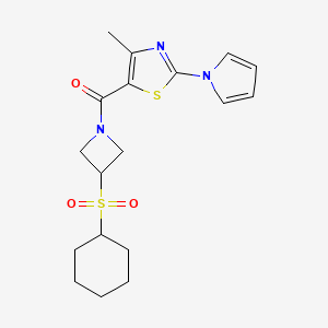 molecular formula C18H23N3O3S2 B2537635 (3-(cyclohexylsulfonyl)azetidin-1-yl)(4-methyl-2-(1H-pyrrol-1-yl)thiazol-5-yl)methanone CAS No. 1798540-62-1