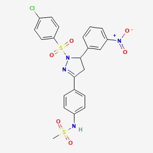 molecular formula C22H19ClN4O6S2 B2537784 N-(4-(1-((4-chlorophenyl)sulfonyl)-5-(3-nitrophenyl)-4,5-dihydro-1H-pyrazol-3-yl)phenyl)methanesulfonamide CAS No. 851781-00-5