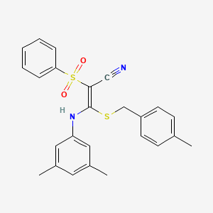 molecular formula C25H24N2O2S2 B2537863 (2E)-2-(BENZENESULFONYL)-3-[(3,5-DIMETHYLPHENYL)AMINO]-3-{[(4-METHYLPHENYL)METHYL]SULFANYL}PROP-2-ENENITRILE CAS No. 866348-25-6