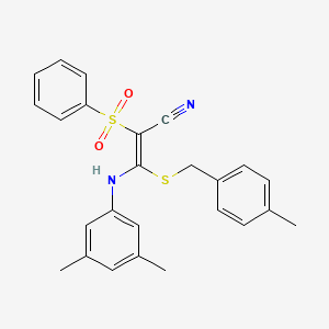 (E)-3-((3,5-dimethylphenyl)amino)-3-((4-methylbenzyl)thio)-2-(phenylsulfonyl)acrylonitrile