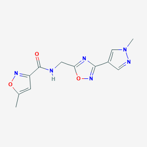 molecular formula C12H12N6O3 B2537975 5-methyl-N-((3-(1-methyl-1H-pyrazol-4-yl)-1,2,4-oxadiazol-5-yl)methyl)isoxazole-3-carboxamide CAS No. 2034384-42-2