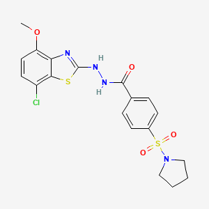 molecular formula C19H19ClN4O4S2 B2538185 N'-(7-chloro-4-methoxy-1,3-benzothiazol-2-yl)-4-(pyrrolidine-1-sulfonyl)benzohydrazide CAS No. 922620-43-7