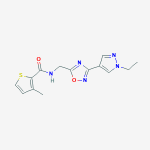 molecular formula C14H15N5O2S B2538229 N-((3-(1-ethyl-1H-pyrazol-4-yl)-1,2,4-oxadiazol-5-yl)methyl)-3-methylthiophene-2-carboxamide CAS No. 2034332-95-9