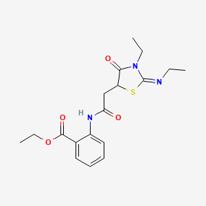 molecular formula C18H23N3O4S B2538486 ethyl 2-({[(2Z)-3-ethyl-2-(ethylimino)-4-oxo-1,3-thiazolidin-5-yl]acetyl}amino)benzoate CAS No. 469876-41-3