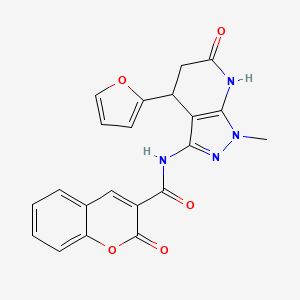molecular formula C21H16N4O5 B2538506 N-(4-(furan-2-yl)-1-methyl-6-oxo-4,5,6,7-tetrahydro-1H-pyrazolo[3,4-b]pyridin-3-yl)-2-oxo-2H-chromene-3-carboxamide CAS No. 1171240-32-6
