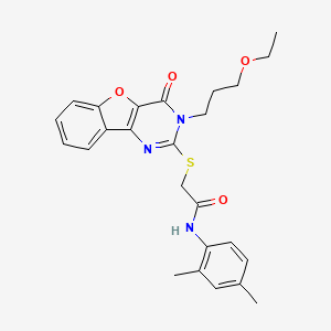 molecular formula C25H27N3O4S B2538787 N-(2,4-dimethylphenyl)-2-{[3-(3-ethoxypropyl)-4-oxo-3,4-dihydro[1]benzofuro[3,2-d]pyrimidin-2-yl]sulfanyl}acetamide CAS No. 866894-88-4