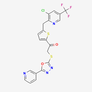molecular formula C20H12ClF3N4O2S2 B2539187 1-(5-((3-Chloro-5-(trifluoromethyl)-2-pyridinyl)methyl)-2-thienyl)-2-((5-(3-pyridinyl)-1,3,4-oxadiazol-2-yl)sulfanyl)-1-ethanone CAS No. 339016-53-4
