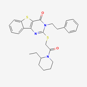 molecular formula C27H29N3O2S2 B2539200 2-{[2-(2-ethylpiperidin-1-yl)-2-oxoethyl]thio}-3-(2-phenylethyl)[1]benzothieno[3,2-d]pyrimidin-4(3H)-one CAS No. 866016-45-7