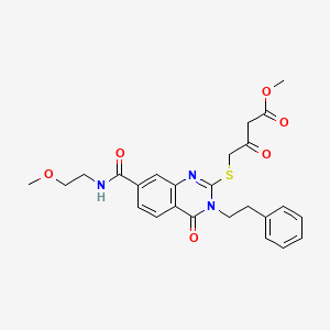 molecular formula C25H27N3O6S B2539768 Methyl 4-((7-((2-methoxyethyl)carbamoyl)-4-oxo-3-phenethyl-3,4-dihydroquinazolin-2-yl)thio)-3-oxobutanoate CAS No. 932512-96-4