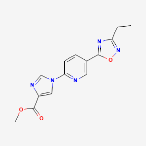 molecular formula C14H13N5O3 B2539799 1-[5-(3-Ethyl-[1,2,4]oxadiazol-5-yl)-pyridin-2-yl]-1H-imidazole-4-carboxylic acid methyl ester CAS No. 1551018-53-1
