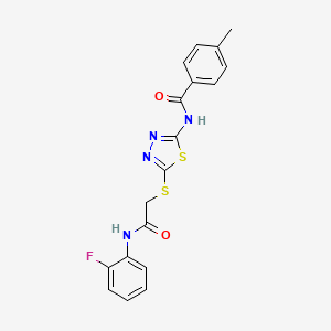 molecular formula C18H15FN4O2S2 B2540293 N-[5-({[(2-fluorophenyl)carbamoyl]methyl}sulfanyl)-1,3,4-thiadiazol-2-yl]-4-methylbenzamide CAS No. 392298-46-3