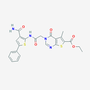 molecular formula C23H20N4O5S2 B254041 ethyl 3-(2-{[3-(aminocarbonyl)-5-phenyl-2-thienyl]amino}-2-oxoethyl)-5-methyl-4-oxo-3,4-dihydrothieno[2,3-d]pyrimidine-6-carboxylate 