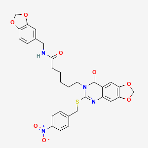 molecular formula C30H28N4O8S B2540503 N-[(2H-1,3-benzodioxol-5-yl)methyl]-6-(6-{[(4-nitrophenyl)methyl]sulfanyl}-8-oxo-2H,7H,8H-[1,3]dioxolo[4,5-g]quinazolin-7-yl)hexanamide CAS No. 688061-23-6