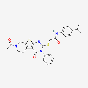 molecular formula C28H28N4O3S2 B2540585 2-[(11-acetyl-3-oxo-4-phenyl-8-thia-4,6,11-triazatricyclo[7.4.0.02,7]trideca-1(9),2(7),5-trien-5-yl)sulfanyl]-N-(4-propan-2-ylphenyl)acetamide CAS No. 1215611-82-7