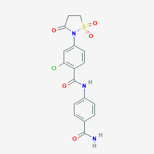 molecular formula C17H14ClN3O5S B254079 N-(4-CARBAMOYLPHENYL)-2-CHLORO-4-(1,1-DIOXIDO-3-OXO-2-ISOTHIAZOLIDINYL)BENZAMIDE 
