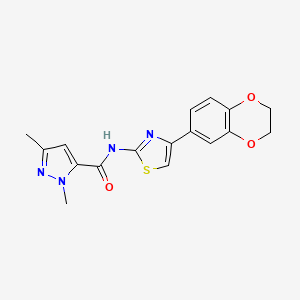 molecular formula C17H16N4O3S B2540891 N-(4-(2,3-dihydrobenzo[b][1,4]dioxin-6-yl)thiazol-2-yl)-1,3-dimethyl-1H-pyrazole-5-carboxamide CAS No. 1013796-31-0