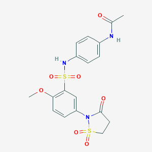 molecular formula C18H19N3O7S2 B254094 N-[4-({[5-(1,1-dioxido-3-oxo-2-isothiazolidinyl)-2-methoxyphenyl]sulfonyl}amino)phenyl]acetamide 