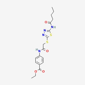 molecular formula C18H22N4O4S2 B2541015 ethyl 4-{2-[(5-pentanamido-1,3,4-thiadiazol-2-yl)sulfanyl]acetamido}benzoate CAS No. 392292-99-8