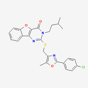molecular formula C26H24ClN3O3S B2541049 2-(((2-(4-chlorophenyl)-5-methyloxazol-4-yl)methyl)thio)-3-isopentylbenzofuro[3,2-d]pyrimidin-4(3H)-one CAS No. 1030121-64-2